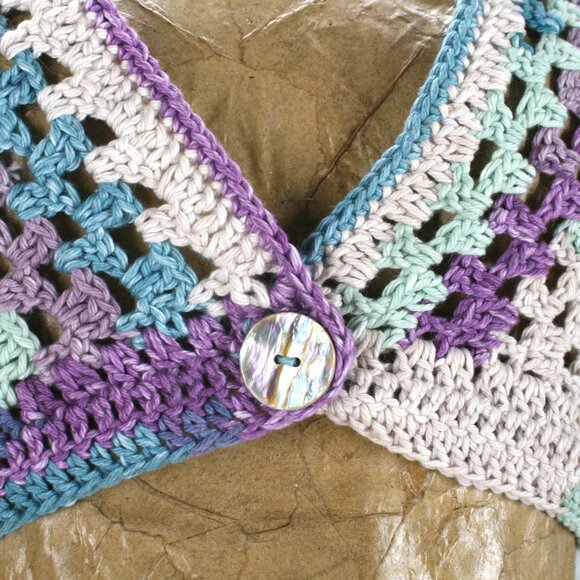 HAND CRAFTED Cardigan Sweater Cropped Crochet Striped Lavender Granny Square - Picture 2 of 13